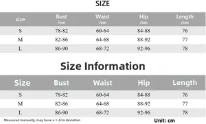 Size chart showing bust, waist and hip measurements for this slim fit bodycon dress