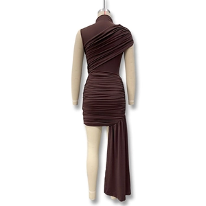 Detail of ruched coffee brown bodycon mini dress with asymmetrical long side drape