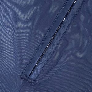 Close-up of fine mesh texture and metal hook-and-eye closure on navy blue bodysuit