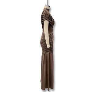 Detail view of ruched draping and slim fit design on a brown sleeveless maxi dress