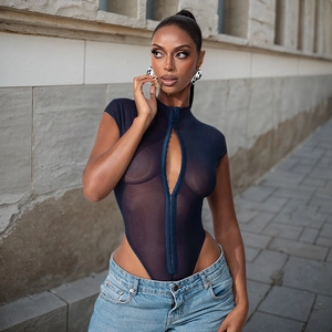 Women Sexy Mesh Bodysuit Round Neck Metal Buckle See Through Short Sleeve One Piece Slim Fit Summer Fashion Jumpsuit Top