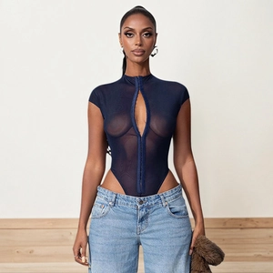 Detail of dark blue sheer mesh bodysuit featuring sexy hollow out design and metal clasp