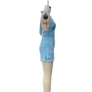 Detail view of the side ruched texture on this light blue halter neck mini dress