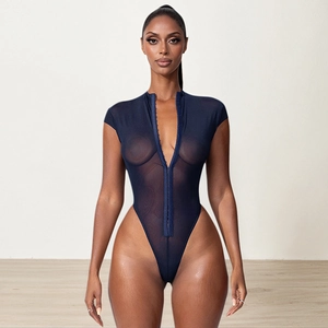 Detail view of navy mesh bodysuit featuring deep V-neck and metal buckle high cut design