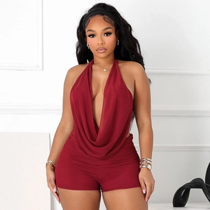 Sexy burgundy halter neck backless top and high waist shorts two-piece set for women