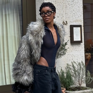 Women's sexy mesh bodysuit with metal buckle and faux fur coat for summer fashion