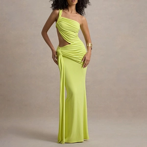 Detail of lime green one-shoulder ruched dress with cutout waist and side ribbon