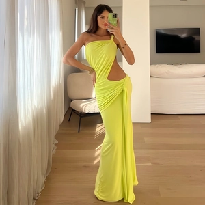 Sexy One Shoulder Cut Out Maxi Dress Ruched Backless Slim Fit Polyester Solid Color Elegant Evening Party Women Dress