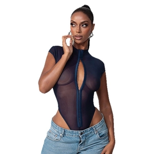 Navy blue sheer mesh bodysuit with high neck, short sleeves and front metal buckles