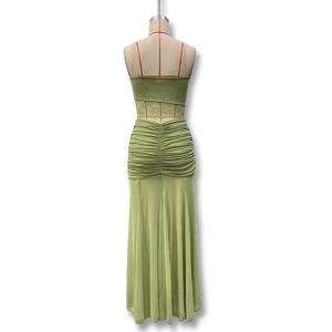 Detail view of the sage green back pleats and ruched texture on this slimming maxi dress