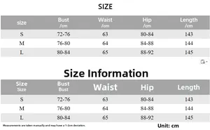 Detailed size chart for mesh fishtail dress including bust, waist, and hip measurements