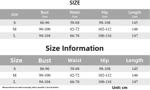 Size chart for deep V lace maxi dress showing bust, waist, and length in cm for S-L sizes