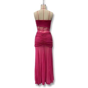Detailed back view of rose red tube maxi dress with lace cut-out and ruched details