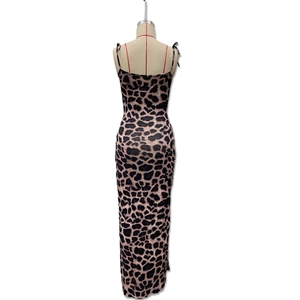 Detail of slim fit leopard print dress featuring adjustable tie straps and open back design