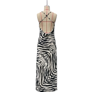 Detail of the zebra print maxi dress featuring a criss-cross backless design on a mannequin