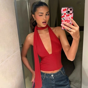 Women Sexy Halter Neck Deep V-Neck Backless Tank Top With Scarf Tie Detail Slim Fit Solid Color Summer Party Sleeveless Vest Top