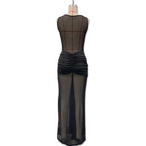 Macro detail of black sheer mesh dress featuring intricate ruched texture on the back