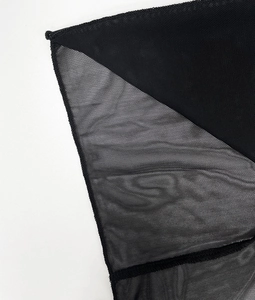 Close-up of black sheer mesh fabric featuring fine perspective mesh and edge stitching
