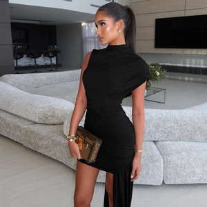 Detailed view of the elegant ruching and high neck design on this black slim fit dress