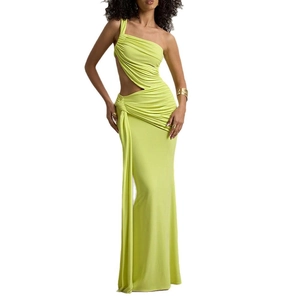 Sleek lime green one-shoulder maxi dress with side cut-out and elegant ruched detailing