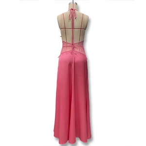 Detail of the pink lace stitching and backless lace-up design on this summer maxi dress