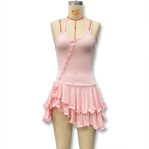 Detail of pink halter neck dress with deep V-neck and ruffled asymmetrical hemline