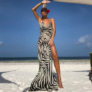 Women Sexy Zebra Print Maxi Dress Cowl Neck Backless High Slit Vacation Party Dress With Headband Polyester Long Dress