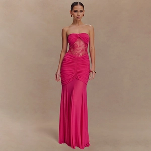 Women Sexy Strapless Maxi Dress Lace Mesh Patchwork Ruched Bodycon Dress Tube Top Clubwear Evening Party Slim Gown