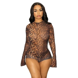 Schicker Damen Langarm Body mit Leopardenmuster aus transparentem Mesh in schmaler Passform