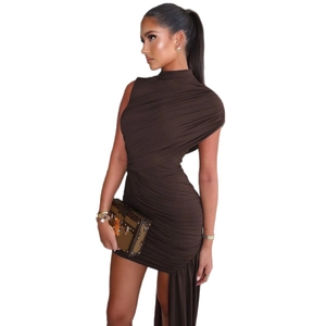 Chic dark brown sleeveless ruched dress with asymmetric hem and elegant long side drape