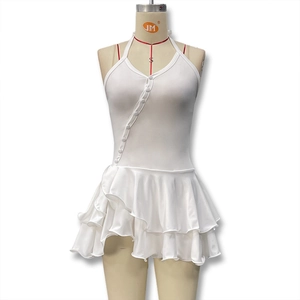 Detail view of white halter dress featuring single-breasted buttons and ruffled hemline