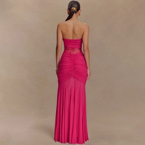 Detail view of the lace cutout and gathered back of this pink bodycon tube maxi dress