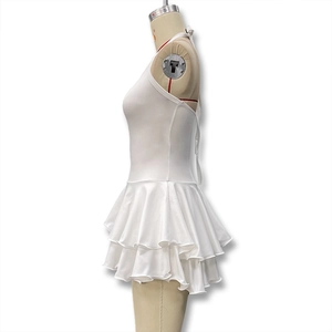 Detail of white halter neck dress with ruffled layers and button-down design