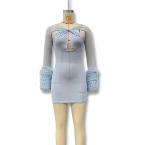 Detail of light blue mesh mini dress featuring cross hollow-out design and ruffled sleeves