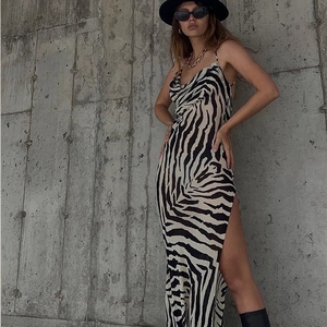 Sexy zebra print cowl neck slip dress with high side slit for summer beach vacation