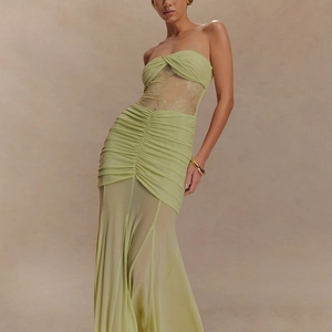 Lime green sleeveless strapless maxi dress with lace cut-outs and ruched detailing