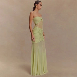 Lime green strapless maxi dress with lace inserts and side pleats for women