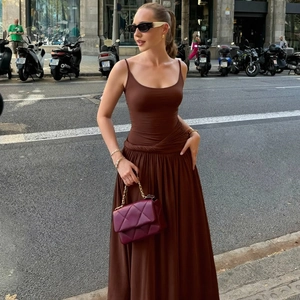 Elegant Französisch Sexy Spaghettiträger Maxi Kleid Slim Fit Gerafft Sammlung Hohe Taille Polyester Langes Kleid Urban Chic