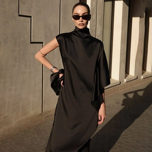 Robe Longue Élégante En Satin Ourlet Asymétrique Col Montant Sans Manches Couleur Unie Robe De Soirée Femmes