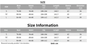 Detailed size chart in cm for long sleeve high neck backless dress in sizes S, M, L