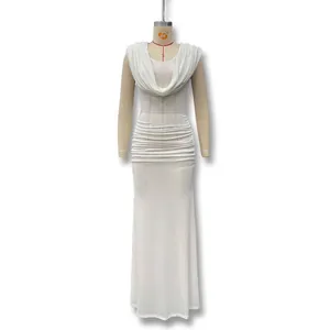 Detailed view of cowl neck and elegant ruching on this white sleeveless bodycon dress
