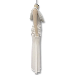 Detail of the elegant cowl neck and sophisticated ruched fabric on this white slim dress