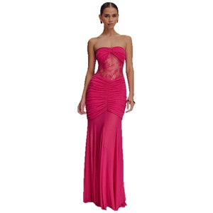 Elegant rose red strapless bodycon maxi dress with lace cut-outs and ruched detailing