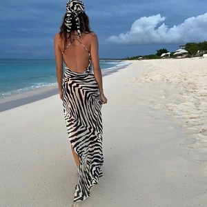 Sexy zebra print halter maxi dress with backless design and high slit for beach vacation