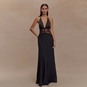 Elegant black satin maxi dress with deep V-neck, lace patchwork, and backless design