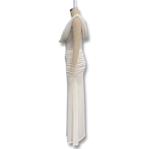 Detail of elegant white one-shoulder floor-length dress with ruched waist and cowl neck