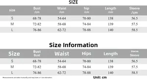 Detailed size chart for the slim fit ruched long sleeve dress with S, M, L measurements