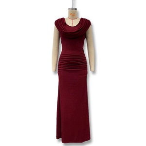 Detail of elegant wine red ruched sleeveless maxi dress with a sophisticated cowl neck