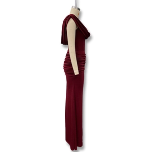 Detail of elegant ruched fabric and draped cowl neck on this burgundy maxi dress