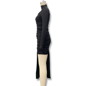 Detail of ruched black long sleeve bodycon dress with side slit and high neck